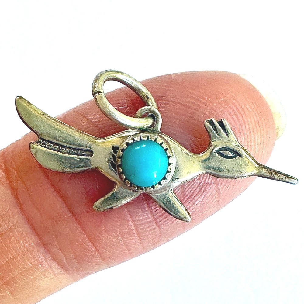 Navajo Roadrunner Bird Charm Turquoise Pendant Harvey Era Sterling Signed VTG